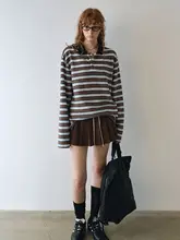 ポロカラーTシャツ レディース 長袖 トップス ストライプ柄 アメカジ ヴィンテージ ルーズ ミディアム丈 春 秋