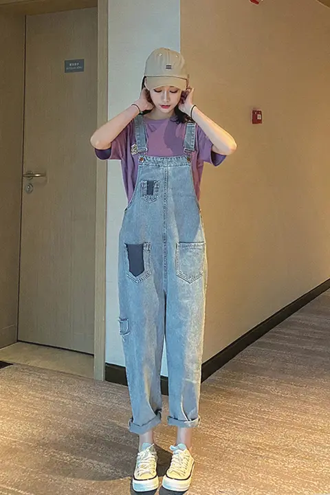 破れデニムサロペットパンツ【春夏用・ルーズフィット・ストレートライン】（セットアップ対応）