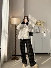 レトロチェック柄の暖かいハイウエストワイドパンツ【毛素材・リラクシング・ストレートシルエット】（セットアップ対応）