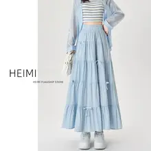 ピンクリボン付きティアードスカート【女性用・ミドル丈・Aライン・高腰】