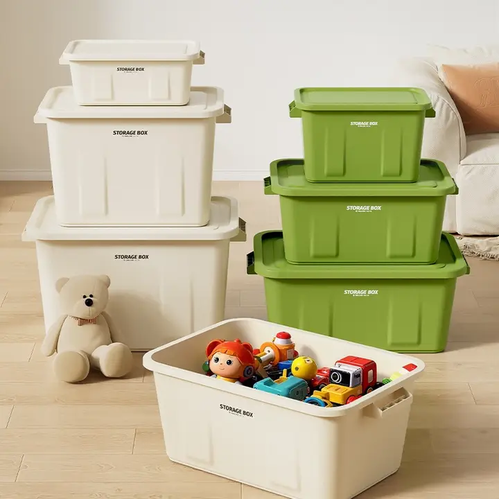 高品質のプラスチック収納ボックス【リビング用・おもちゃや衣類、おやつの整理に最適・デザイン性抜群】