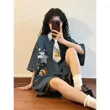 夏季アメリカンヴィンテージカートゥーン刺繍デニム半袖シャツ【ユニセックス・フィット・学院風】