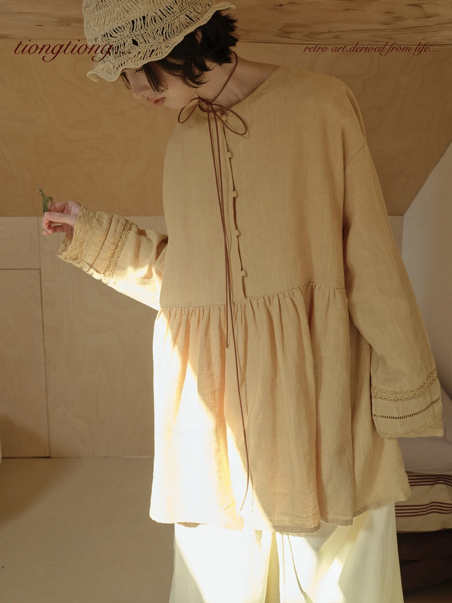 春用コットンリネン長袖シャツ【フィット・女性用・デザイン性あり】（セットアップ対応）