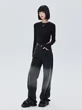 ヴィンテージ風ウォッシュ加工のハイウエストワイドパンツ【コットン製・ブラック＆グレー・秋用】（セットアップ対応）