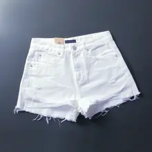 ホワイトハイウエストデニムショートパンツ【ダメージデザイン・Aライン・フリンジ・ルーズフィット】