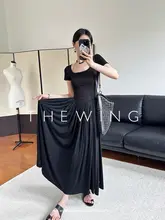 THEWING ブラックショートスリーブUネックドレス【ウエストシェイプ・ロングスカート・シンプルブラック】