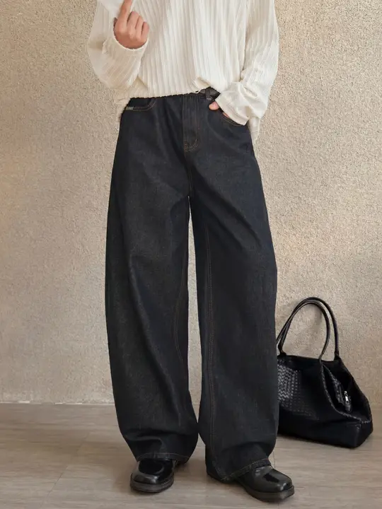 アメリカンスタイル ヴィンテージ風 ブラックデニムパンツ【春用・ストレート・ルーズフィット・カジュアル】