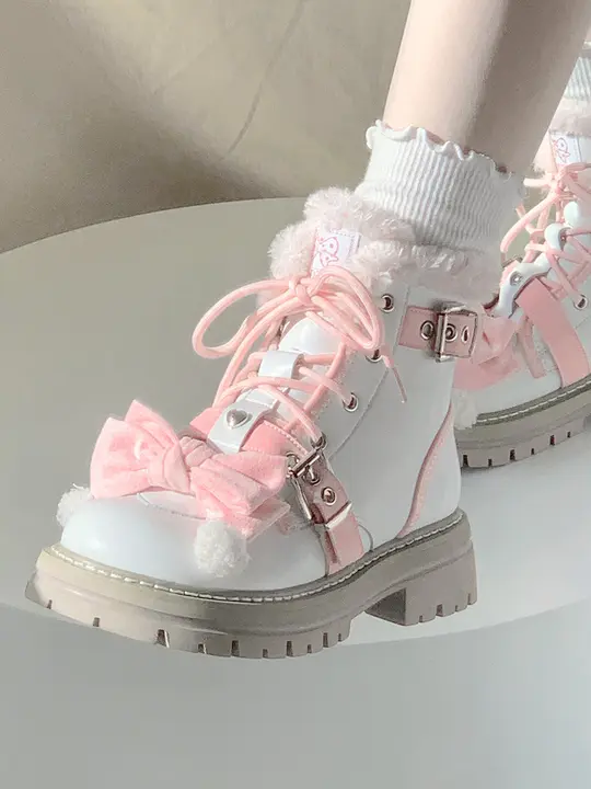 冬用 厚手フリースリボン付きロリータマーチンブーツ【雪道用】