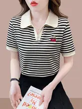 ストライプ柄の翻りカラー半袖ポロシャツ【刺繍デザイン・夏用・スタイリッシュ】