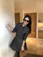 pusumede デザイン感あるプリーツワンピース【レトロ・シャツ風・長袖・ウエスト絞り】