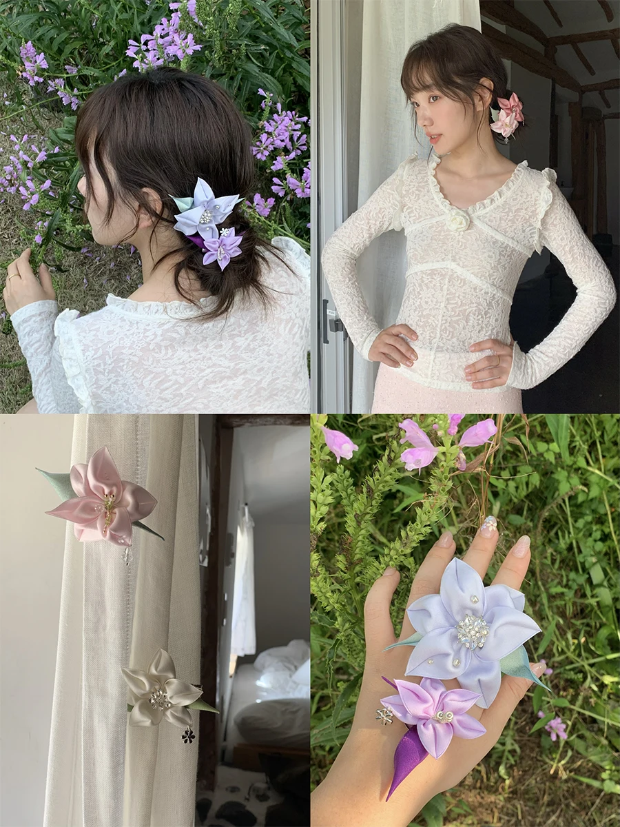 自然なデザインのハンドメイドユリのクリスタル付きヘアクリップ：七五三髪飾り手作りの伝統と現代の融合