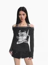 レトロプリントドット柄 オフショルダー長袖Tシャツ【春用・スリムフィット】