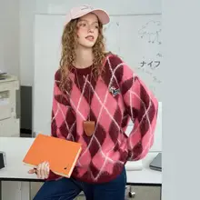 バイカラーのダイヤモンド柄 厚手ニットセーター【春用・極上の柔らかさ・快適】