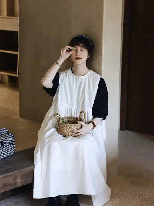 夏用・ふんわりフレンチスリーブワンピース【フィット・文芸風・ビンテージスタイル】（セットアップ対応）