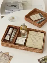 おしゃれなラタン製デスク収納ボックス【長方形・化粧品整理用・雑貨収納にも最適】