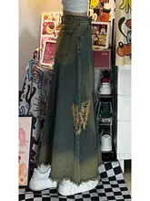 高身長向けロングデニムスカート【ダメージ加工・Aライン・フレアデザイン】