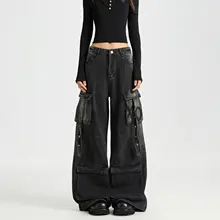 ワークデニムパンツ レディース ブラック ワイド ストレート ルーズ アメカジ ヴィンテージ 春