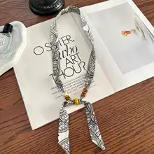 ヴィンテージ調 カシューナッツ花デザインのビーズ付きスカーフネックレス【デザイン性の高い小物・リボン付き】