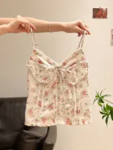 白色Vネック花柄フリルデザインのオープンショルダーキャミソール【女性用・夏の軽やかなトップス】（セットアップ対応）