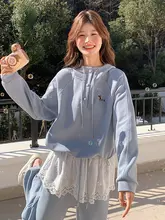 ブルーのレース風トップスとワイドパンツの上下セット【カジュアル・秋向け・リラクシング】（セットアップ対応）