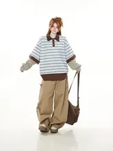 おしゃれなチェックとストライプのポロ襟Tシャツ【春秋用・ルーズフィット・偽二重デザイン】（セットアップ対応）