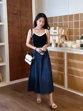 レトロデザイン深い青色のハイウエストデニムAラインスカート【膝下丈・フレアシルエット】