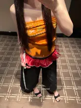 レトロ風レッドレース重ね着のエプロン【春夏・デニムパンツ合わせ・女性用】