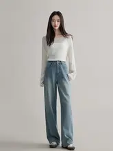 小柄向けブルー直筒デニムパンツ【春秋用・ハイウエスト・ワイドレッグ・ロング丈】