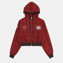 レディースレトロチェック柄パーカー【春秋用・赤・カジュアルデザイン】