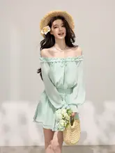 春夏用 通気性の良いチュニックドレス【グリーン・オフショルダー・二重層・エレガントなシルエット】
