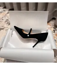 マリージェン レザー調ブラックスエード ハイヒール【細ヒール・先細デザイン・オフィス用】