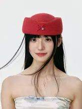 春夏用エレガントな空姐風ベレー帽【小さなリボン付き・草編みデザイン】