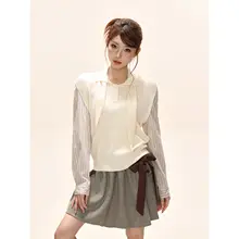 ストライプ柄ポロ襟トップス【女性用・デザイン性・秋向け・ゆったりシルエット】（セットアップ対応）