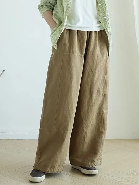セミワイドパンツ レディース：リネン素材の長めの高腰デザインが秋の着こなしを支える