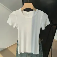 白色デザインの無地ショート丈フィットネスTシャツ【ウエストシェイプ・ショートスリーブ】