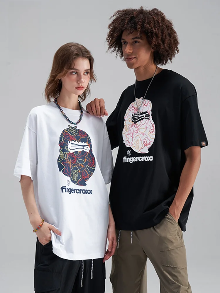 猿人デザイン ラウンドネック半袖Tシャツ：ゴリラ系男子に最適なカーディガン風デザインの日常着