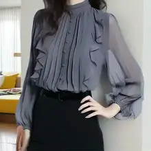 高級シフォン立衿ブラウス【フリルデザイン・長袖・春秋対応】（セットアップ対応）