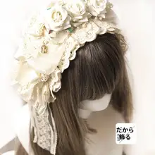 生成色のレース手作りリボンヘアアクセサリー【ロリータ風・バラのデザイン】