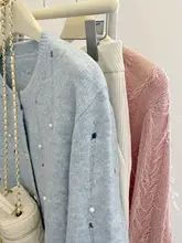 洗練されたデザインのブルーニットカーディガン【スウィート・秋用・マヘアウール・短丈】
