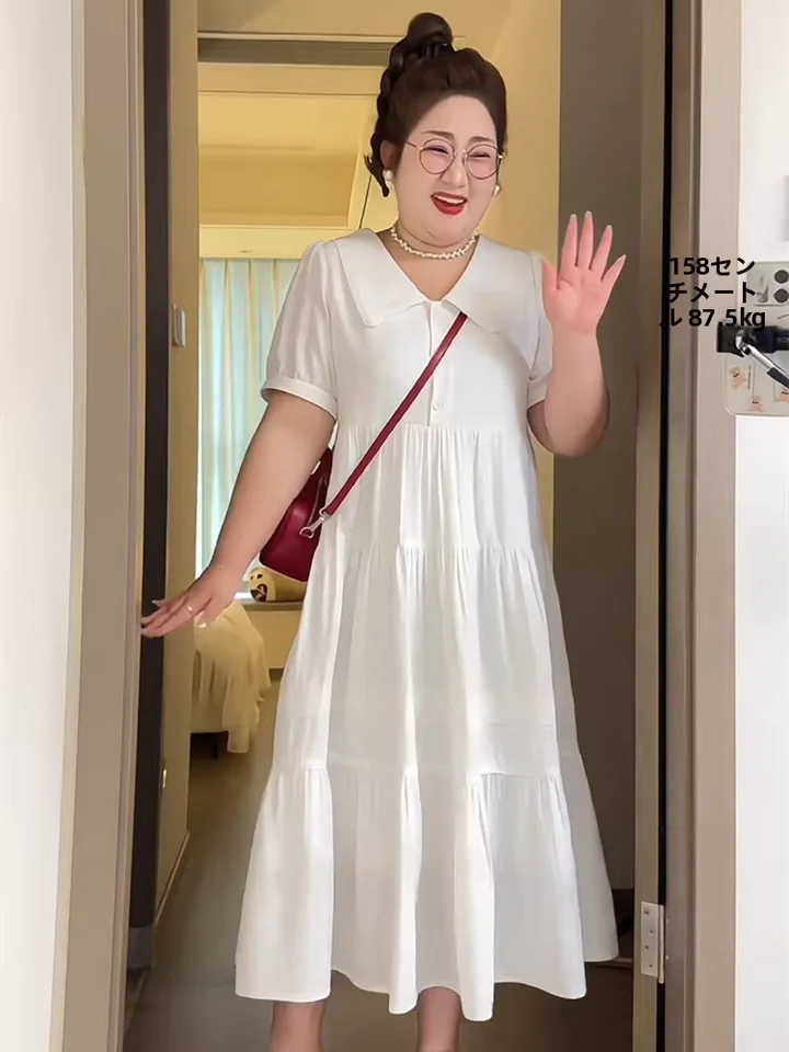 夏用大きいサイズ フレンチス�タイル ホワイトドレス【ウエスト絞り・中長丈・小柄対応】