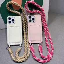 バイカラー編み込みショルダー紐付きiPhone用ケース【iPhone 16 Pro Max、iPhone 15、11、XSMAX対応・ソフトケース・カードポケット付き】