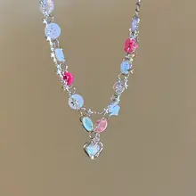 ボタンハートデザインのダブルレイヤーネックレス【女性用・軽やかなストリートスタイル・デコルテラインにフィット】