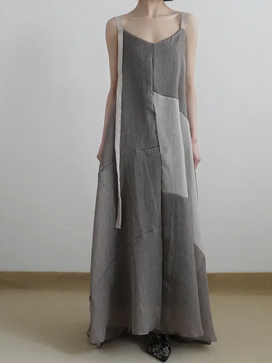 涼しげな麻素材のカラー切替キャミソールワンピース【した雰囲気・夏用・ルーズフィット】