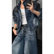 アメリカンビンテージ風デニムジャケット【パッチワークデザイン・ルーズフィット】とワイドレッグパンツ【カジュアル・メンズ】（セットアップ対応）