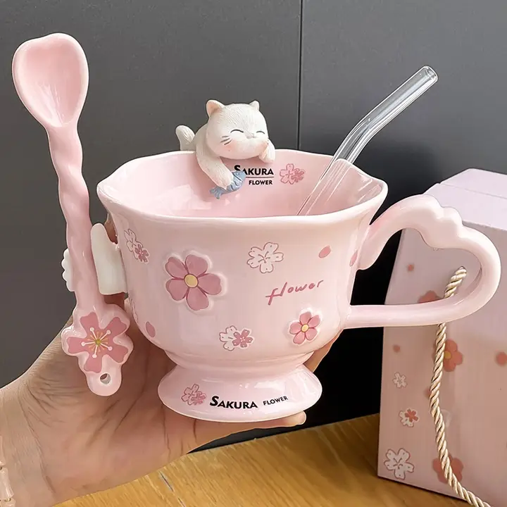 桜デザインの陶器製マグカップ【オフィス用・贈り物に最適】