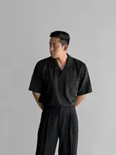 リネン素材 古典的なキューバカラー 半袖シャツ【夏用・ブラウン・カジュアル】