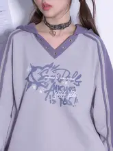 SagiDolls 女子フード付きVネックスウェットシャツ【グレー＆パープル・ゆったりシルエット】