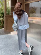 グレーの2WAYセーターとスカートのセットアップ【春秋用・ラウンドネック・ユニークなデザイン】（セットアップ対応）