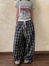 チェック柄ワイドレッグパンツ【レトロストリート・フィット・肌理感】