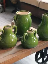欧風陶器製花瓶【グリーン・二つ耳付き・氷ひび割れ模様・インテリア装飾用】